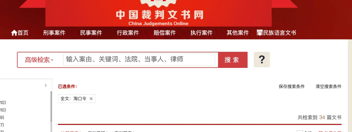 淘口令关键词的文书检索界面