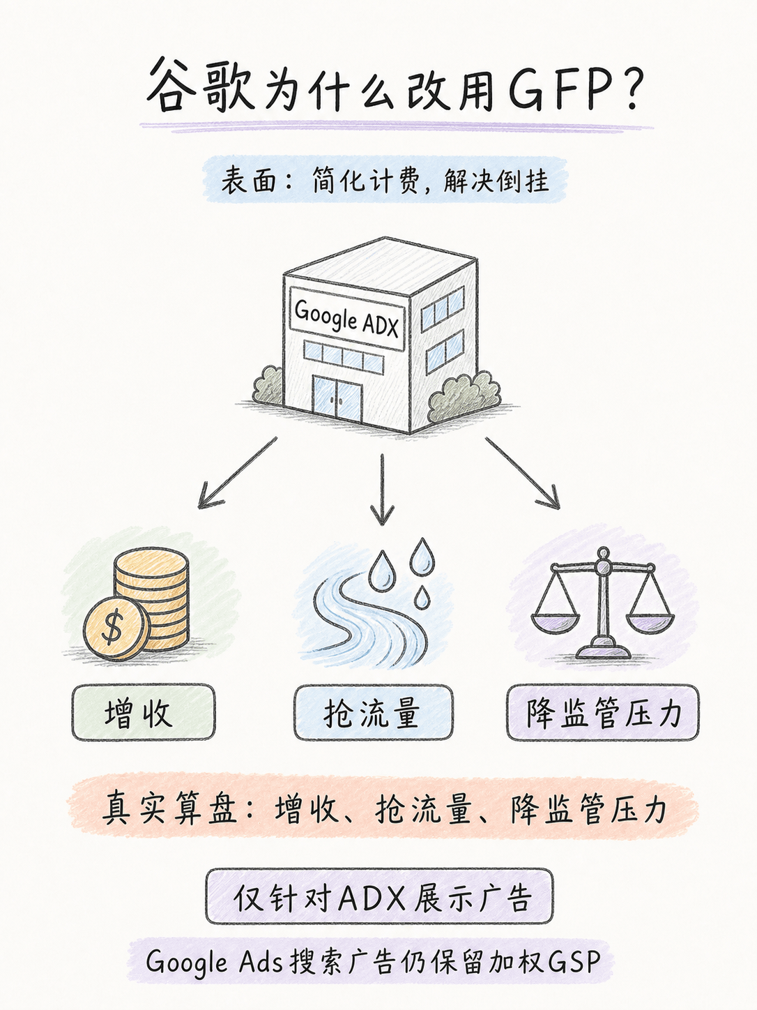 谷歌放弃 GSP 改用 GFP，国内大厂却死守二价广告，核心原因是什么？笔记配图