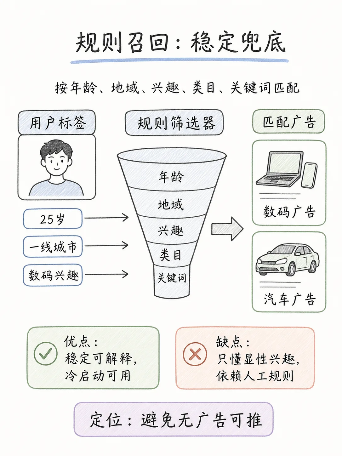 广告系统多路召回全拆解:规则、协同过滤、双塔召回核心原理与落地优劣笔记配图