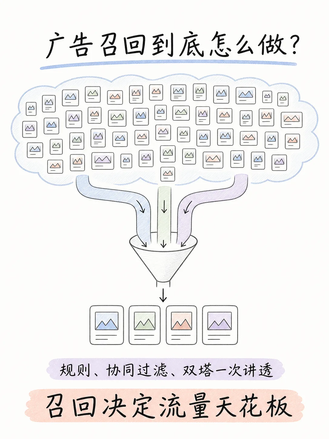 广告系统多路召回全拆解:规则、协同过滤、双塔召回核心原理与落地优劣笔记配图