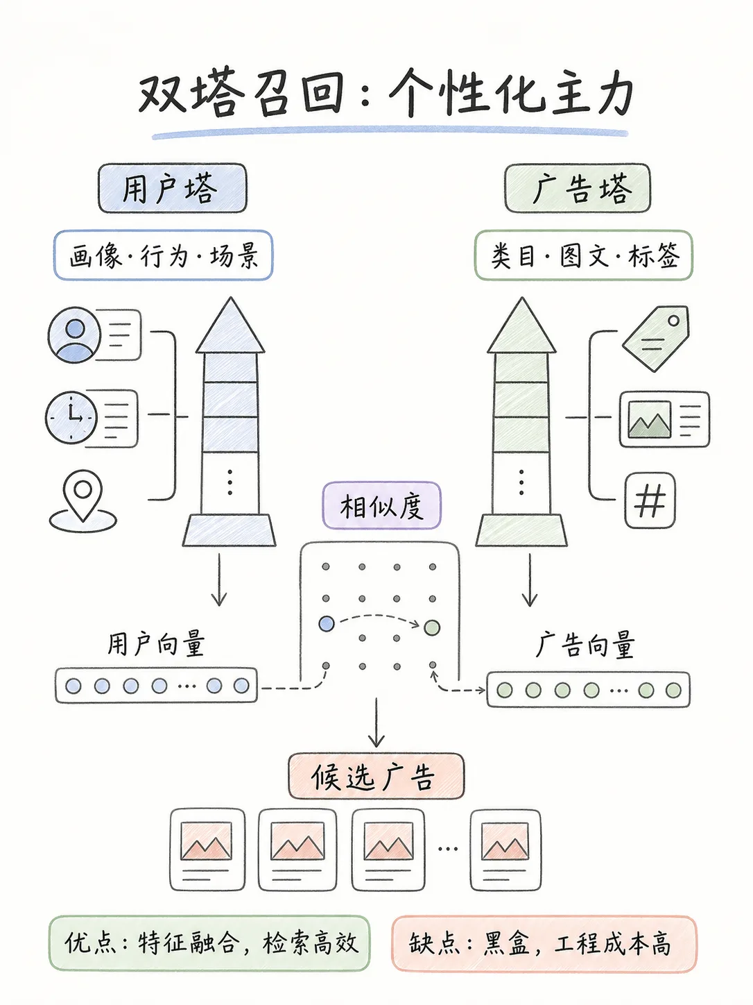 广告系统多路召回全拆解:规则、协同过滤、双塔召回核心原理与落地优劣笔记配图