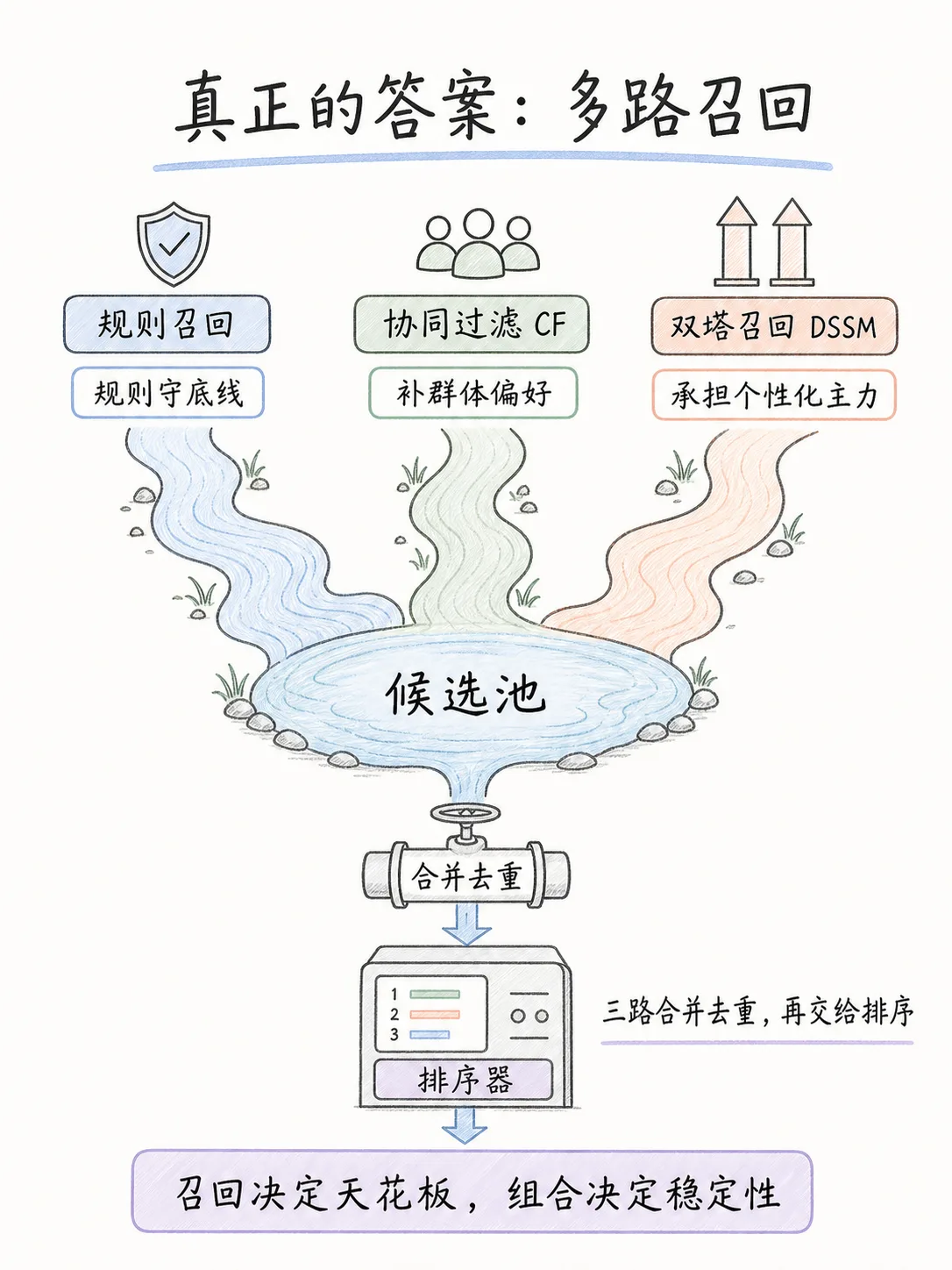 广告系统多路召回全拆解:规则、协同过滤、双塔召回核心原理与落地优劣笔记配图