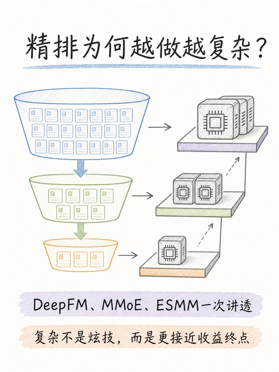 召回粗排主打轻量化，为何精排阶段得上 DeepFM、MMOE 与 ESMM？笔记配图