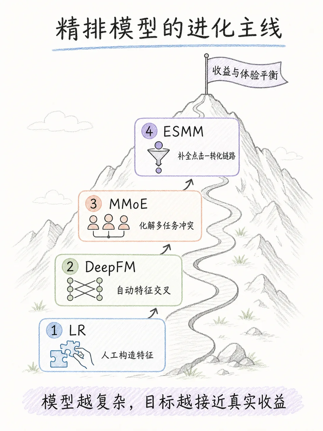 召回粗排主打轻量化，为何精排阶段得上 DeepFM、MMOE 与 ESMM？笔记配图